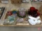 Colored glassware, bowls, toothpick holders, vases, relish dishes, red and white hob nails