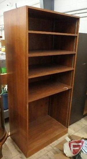 Shelving unit with adjustable shelves, approx. 30" L x 19" W x 67" H, appears to be veneer