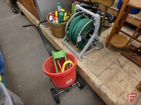 Garden hose on reel, Ace Hardware lawn spreader, sprinkler, weed killers, wood bucket