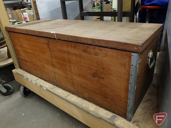 Wood trunk with separators, some water damage and cracking, approx. 50.5" L x 20" W x 19" H