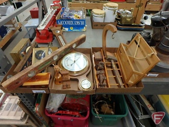 Thermometers, wood level, wood toy train, wood key and mail holder, and other wood items