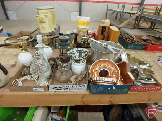 Vintage style electric lamps, kerosene lamps, glass shade, white glass bowl, cake pans, bread maker