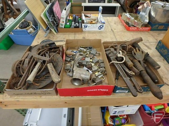 Adjustable wrenches, hooks, meat grinder, padlocks and keys, hand scythes, other metal items