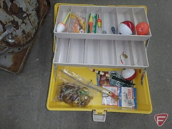 Plastic tackle box with bobbers, weights, ice fishing poles, boat seat, maps