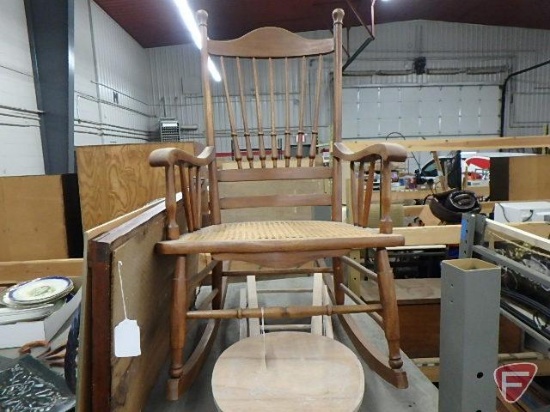 Wood rocker with wicker seat, and wood stool