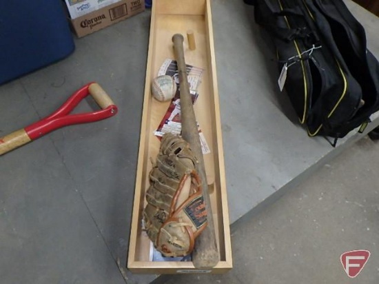 Wood display box with signed baseball bat, tickets, signed baseball glove, signed baseball