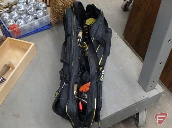 Ice fishing gear, rods with reels, line, ice scoops in bag
