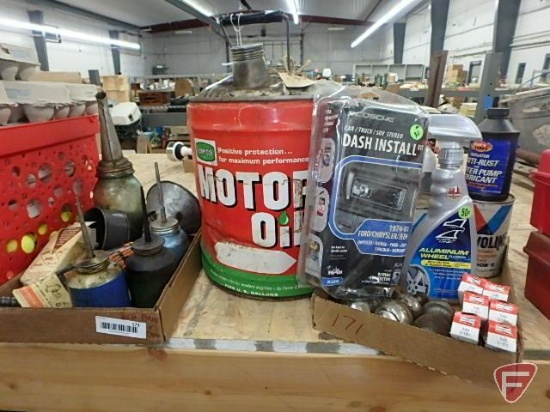 Vintage motor oil can and oiler cans, dash install kit, lubricant, funnels, fuel filter,