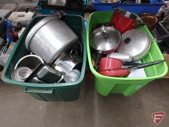 Roasting pans, pots and pans and misc. cookware in two totes