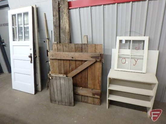 Wood items, painted folding table, book shelf, decorative window, various size barn pieces,