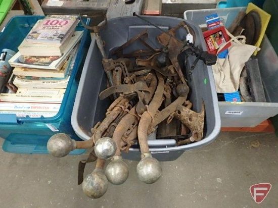 Horse eveners, scale parts, animal trap, brackets, and other metal items
