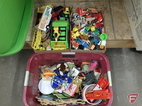 Toys, some Fisher Price, cars, action figures, tracks. Contents of basket, box and tote.
