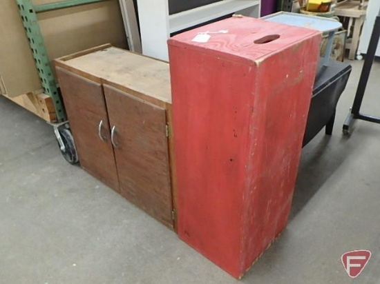 Red painted wood box 33inL and 2 door wood cupboard 25inHx30inWx13inD. 2 pieces