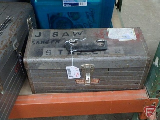 (2) metal tool boxes - empty, Skil 7 1/4in circular saw 574 in metal box, hand tools,