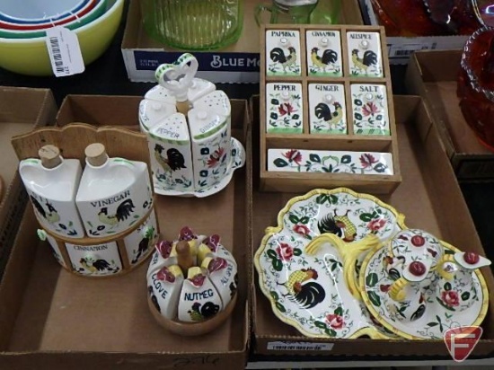 Porcelain chicken/rooster condiment sets, table top and wall mount, divided tray.