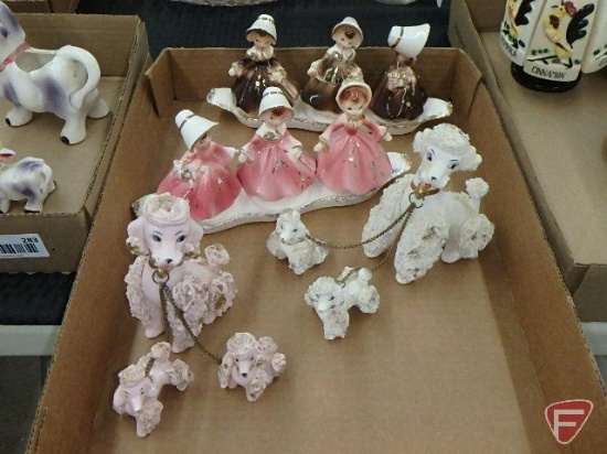 Vintage porcelain dog figurines, girl figurine salt/pepper shakers, 3rd girl is bell in pink and