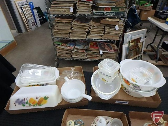 Fire King painted ovenware, casseroles, refrigerator dishes, handled bowls.