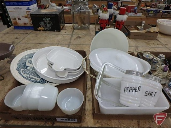 White glass, prep bowls, salt/pepper, refrigerator dish, pie plate, casserole, some Fire King.
