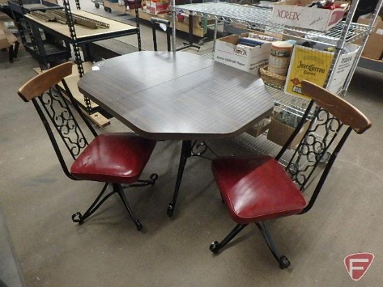 Vintage wood/metal table 36inx48in, and (2) matching swivel chairs