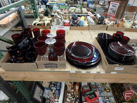 Red glass dishware, plates, stemware, glasses, mugs, platters, bowls, salt/pepper.