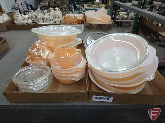 Fire King peach casserole dishes, cream/sugar and cup/saucer. Contents of 2 boxes