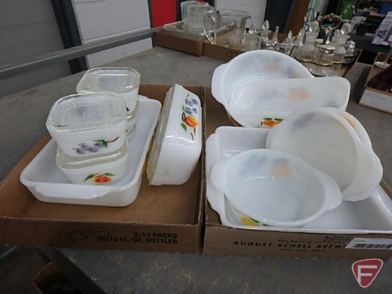 Fire King painted ovenware, refrigerator dishes, casseroles. Contents of 2 boxes.