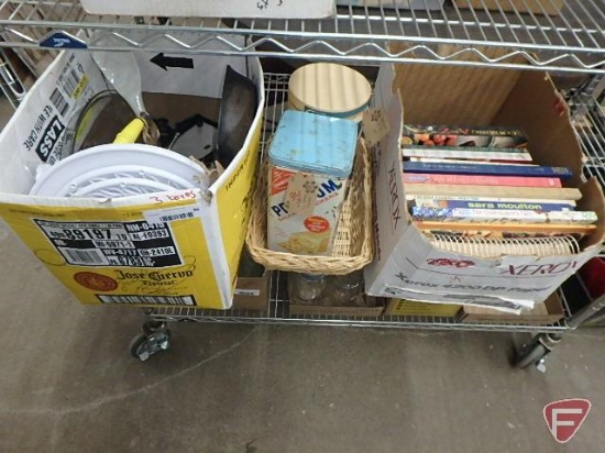 Cookbooks, Nabisco cracker tin, Quaker Oats tub, cast iron fry pan 5-R, kitchen utensils,