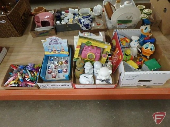 Children's toys, metal and plastic, Fisher Price, banks, John Deere camera, Jingle Buddies