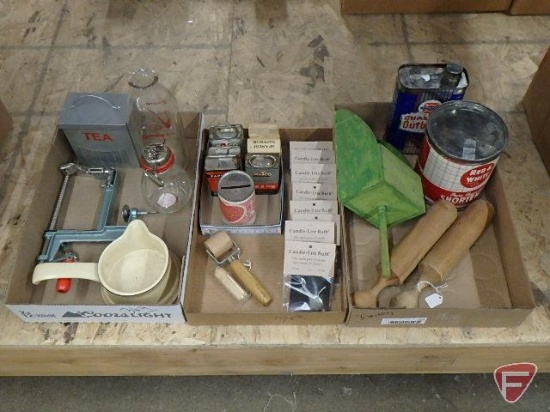 Spice containers, milk bottle, metal tins, and apple peeler, all three boxes