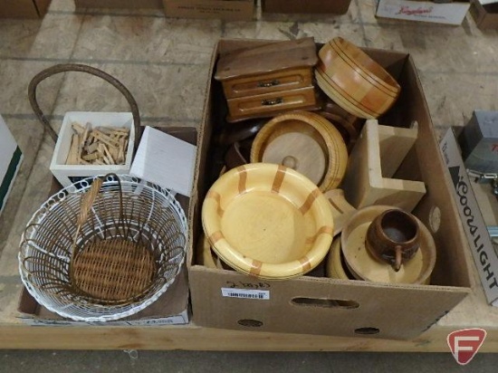 Handcrafted wood bowls, metal baskets, clothes pins, both boxes