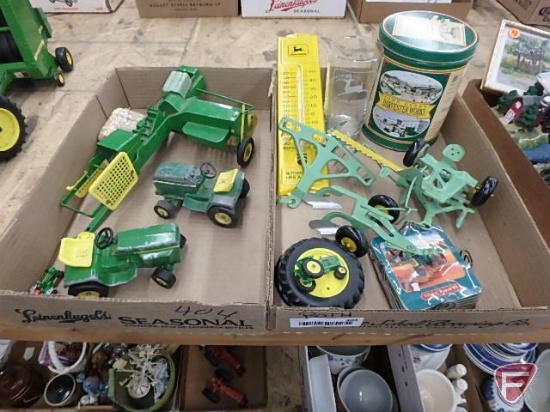 Ertl John Deere baler, John Deere garden tractor, JD thermometer, JD posters, and other green toys