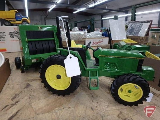 John Deere toy tractor 6400 with John Deere 566 round baler, both