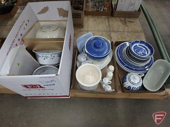 Lenox bowl, Blue Willow dishes, butter crock, salt and pepper, all three boxes