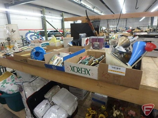 Assortment of hand tools, hardware, canister auger, wire, light bulbs, funnels, and more.