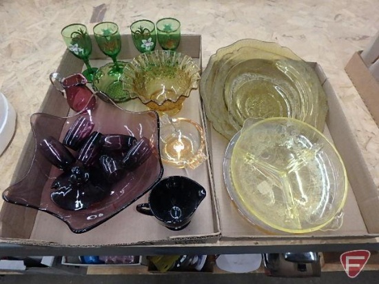 Colored glass items, yellow, amethyst, green, platters, bowls, cordials. Contents of 2 boxes
