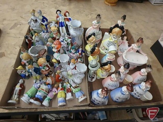 Assortment of figurines, vases, candle holders, spoon rests. Contents of 2 boxes