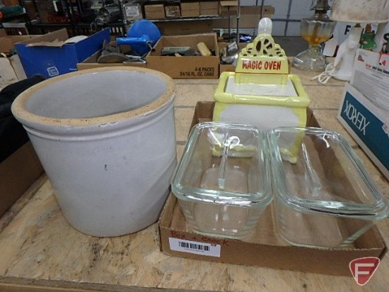 GlasBake refrigerator/oven dishes with covers, Magic Oven cookie jar, and and crock.
