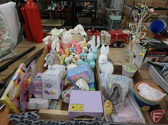 Easter/Spring decorative items, plush toys, figurines, placemats, candles. Contents of 2 boxes