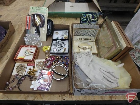 Ladies jewelry, pins, bracelets, necklaces, hand mirror, trinket box, Benrus wrist watch,