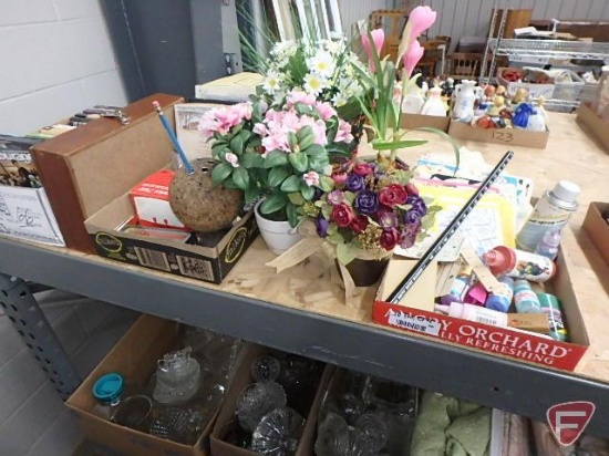 Artificial flowers, books, greeting cards, office supplies, wood cash box, craft supplies.