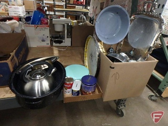 Metal items, Enamel roaster, tea pot, Campbells and Spam banks, enamel bowl, colander,