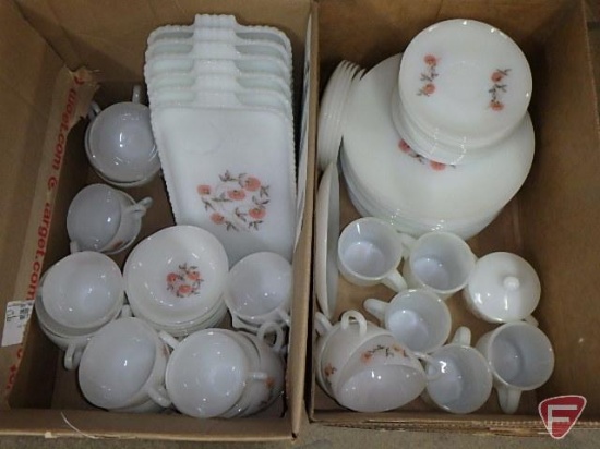 Fire King dishware and snack sets, may not be complete sets. Contents of 2 boxes