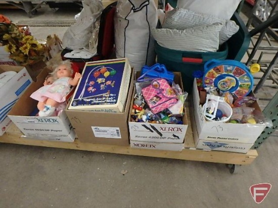 Toys, dolls, games, mobile, books, puzzle, See N Say. Contents of 4 boxes