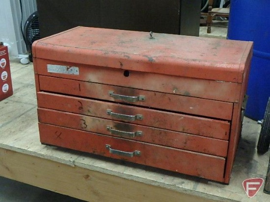 Metal tool box 26inW with wrenches, files, screwdrivers, tape measures and other hand tools.