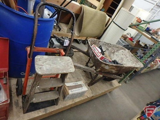 Wood step ladder, metal cart, indoor/outdoor ceramic tile, wheel barrow, grease gun, and