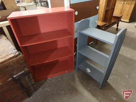(2) painted wood book shelves, red is 36inHx24inWx10inD. Blue/Gray is 32inH. 2 pieces