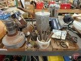 Kerosene lamps, railroad spikes, oiler can, candle holder, shelf brackets, ice cream maker