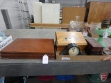 W.M Rogers silverware in case, recipe box with cards, mantle clock, wood box with duck painted