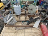 Iron and metal pieces, includes a grinding stone, drive chain, steel gas can and two mop buckets