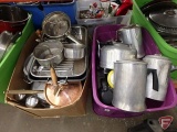 Coffee pots, pots and pans, and misc. cookware in tote with lid and box.